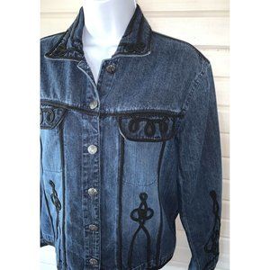 VTG Chicos Design Sz 0 (SMALL) Denim Jean Jacket Soutache Appliqué Artsy EUC